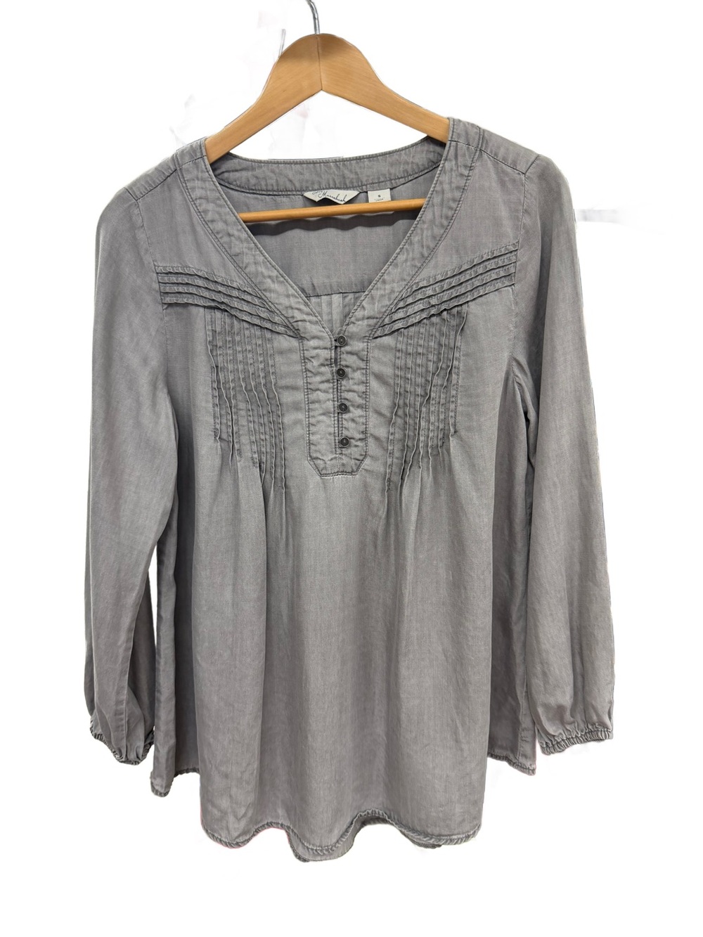 CAFFE Marrakesh Grey Pintuck Tunic Blouse Lyocell Boho Pleated Top S